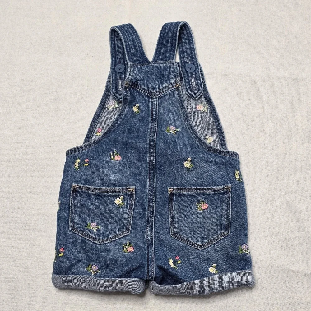 Gap‎ Kids Embroidered Denim Short Overalls Girls Size 18-24M  Blue